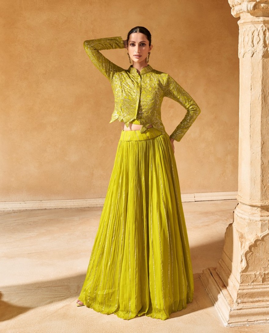 5605 - Green Designer Indo Western Party Wear Lehenga Choli REAL PREMIUM CHINON SILK / VISCOS JACQUARD SKIRT